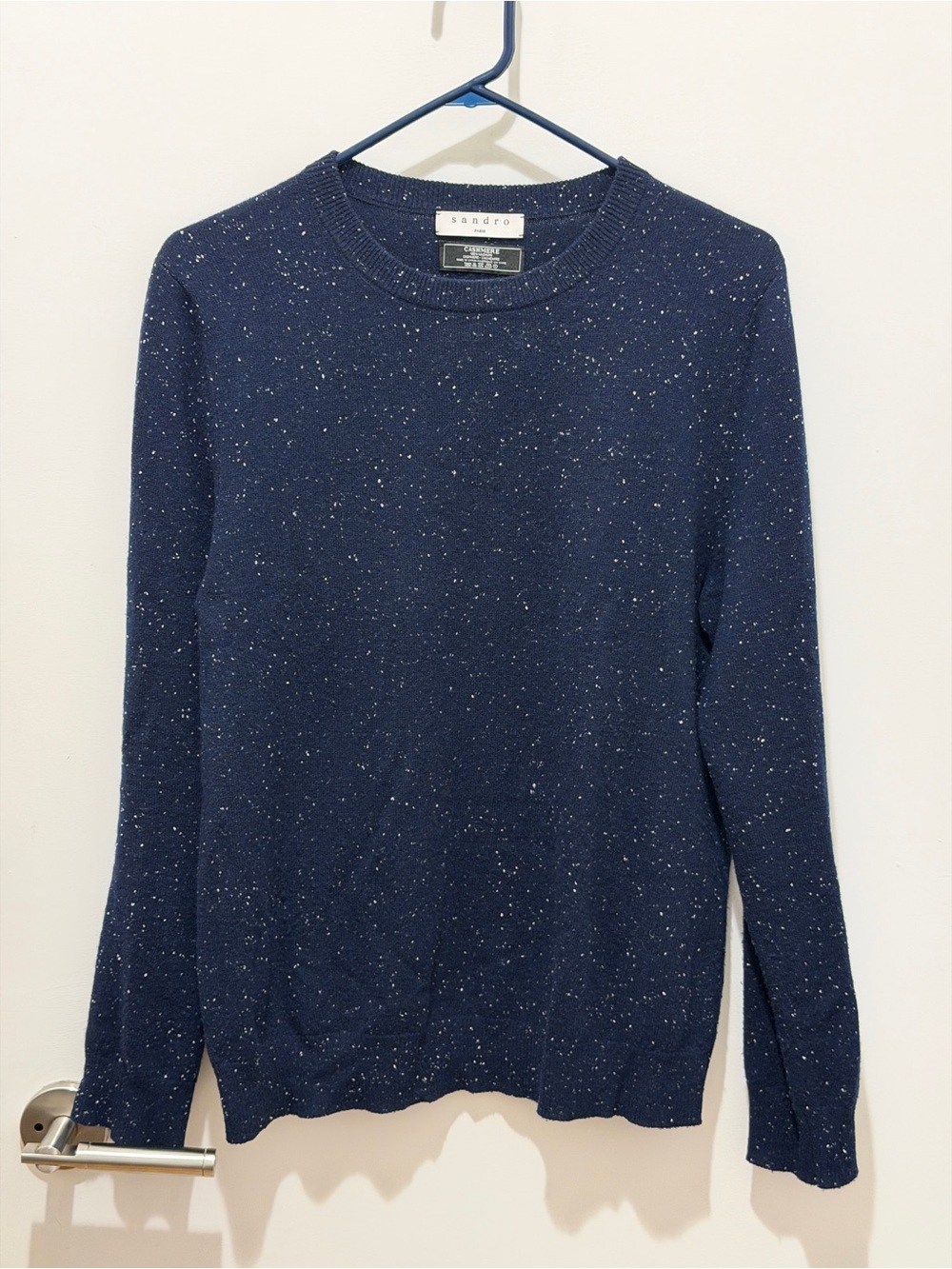 Sandro Paris Navy Speckled Crewneck Sweater with White Flecks 100% cashmere